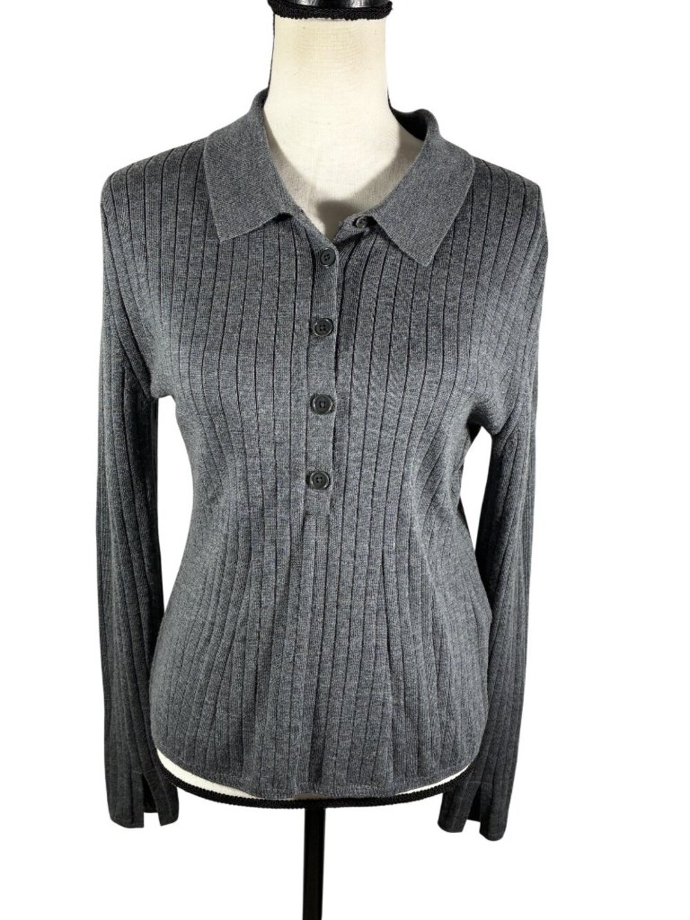 Banana Republic Gray Ribbed Knit Merino Wool Henley Button-Up Collared Sweater